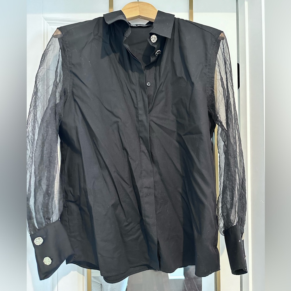 Zara - black blouse with mesh sleeves and gold buttons- worn once